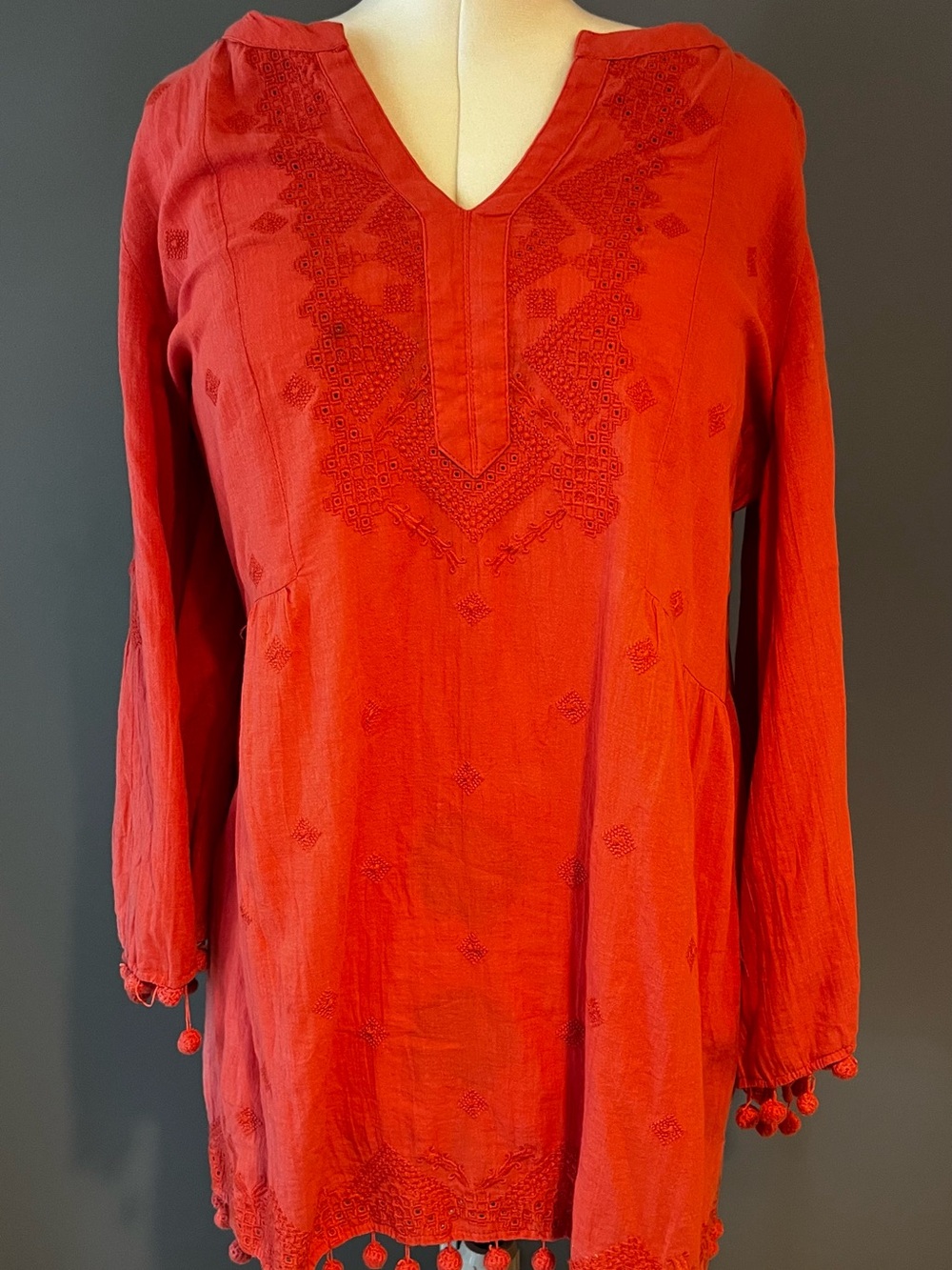 Sundance Red Embroidered V-Neck Tunic with Pom Trim